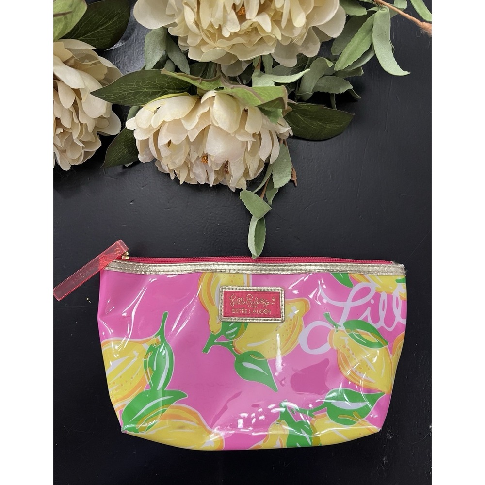 Lilly Pulitzer Estee Lauder Pucker Up Costmetic Bag Lemon Pink Makeup Bag Pouch